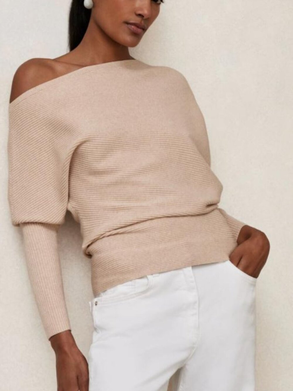 NWT REISS Lorna Asymmetric Off Shoulder Drape Ribbed Knit Top Oatmeal Size M
